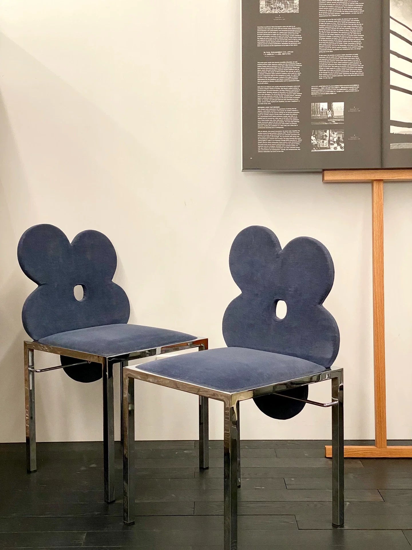 Vintage Italian Design Midnight Blue Flower Dining Chair Chrome Base