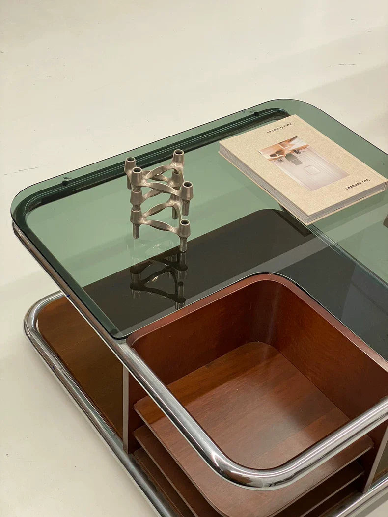 Vintage Italian 1980s Space Age Walnut Coffee Table, Smoky Green Glass Top