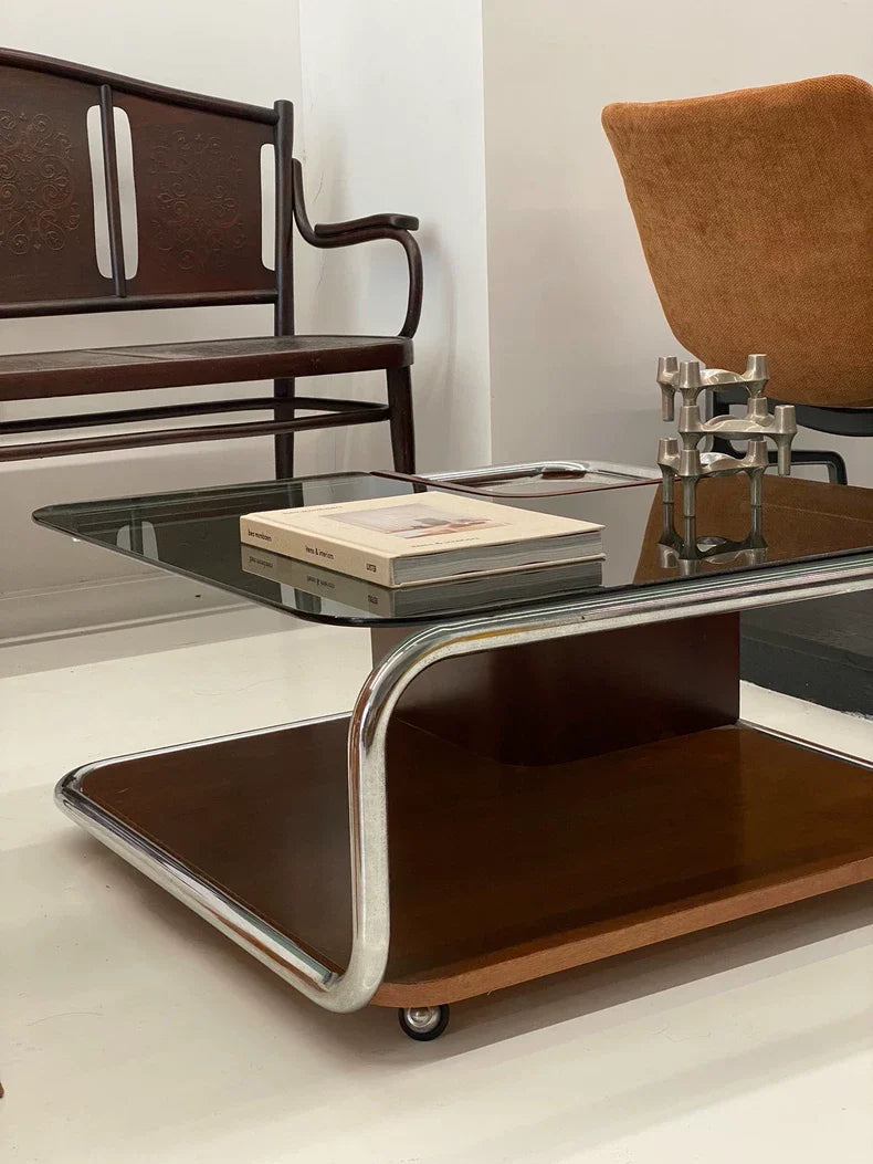 Vintage Italian 1980s Space Age Walnut Coffee Table, Smoky Green Glass Top
