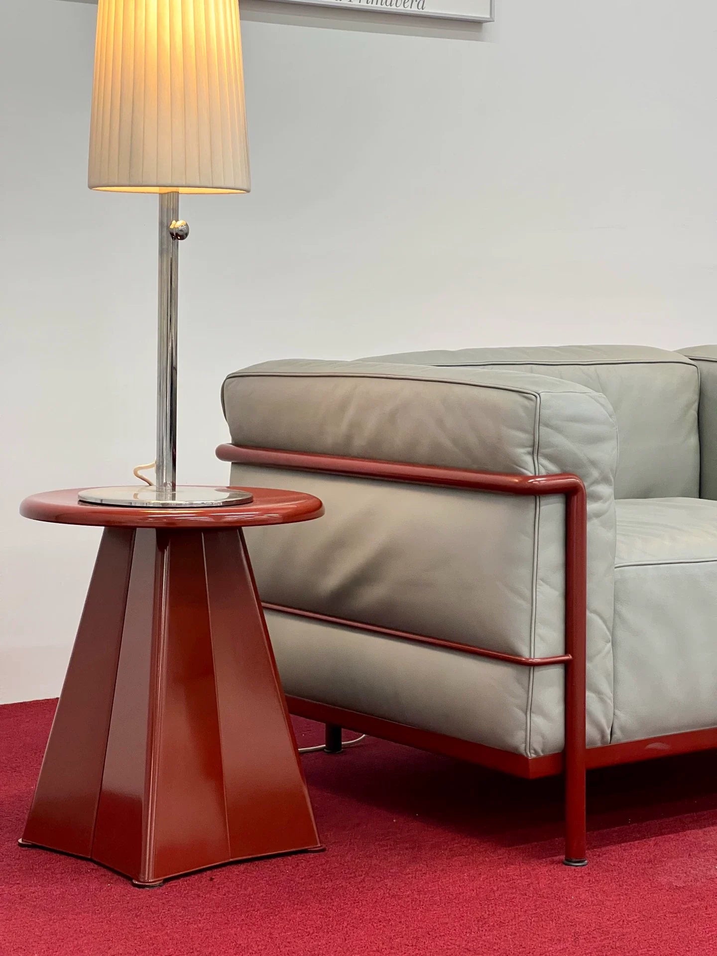 Vintage Italian Cassina LC3 Single Armchair Sofa, Gray Leather, Red Frame, Iconic Design