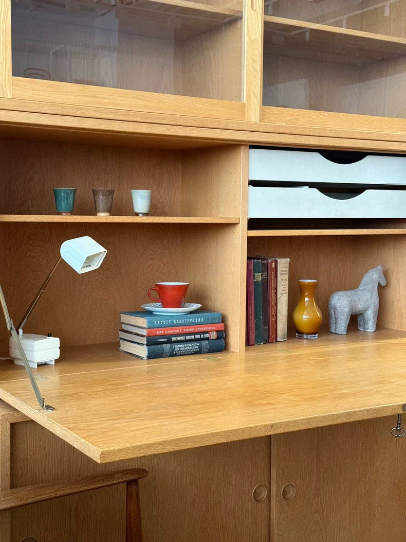Vintage 1950s Oak Brass Foldable Desk Bookcase by Børge Mogensen