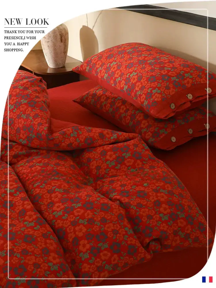 Alouette Retro Red Jacquard Bedding Set – Soft Cotton Comfort