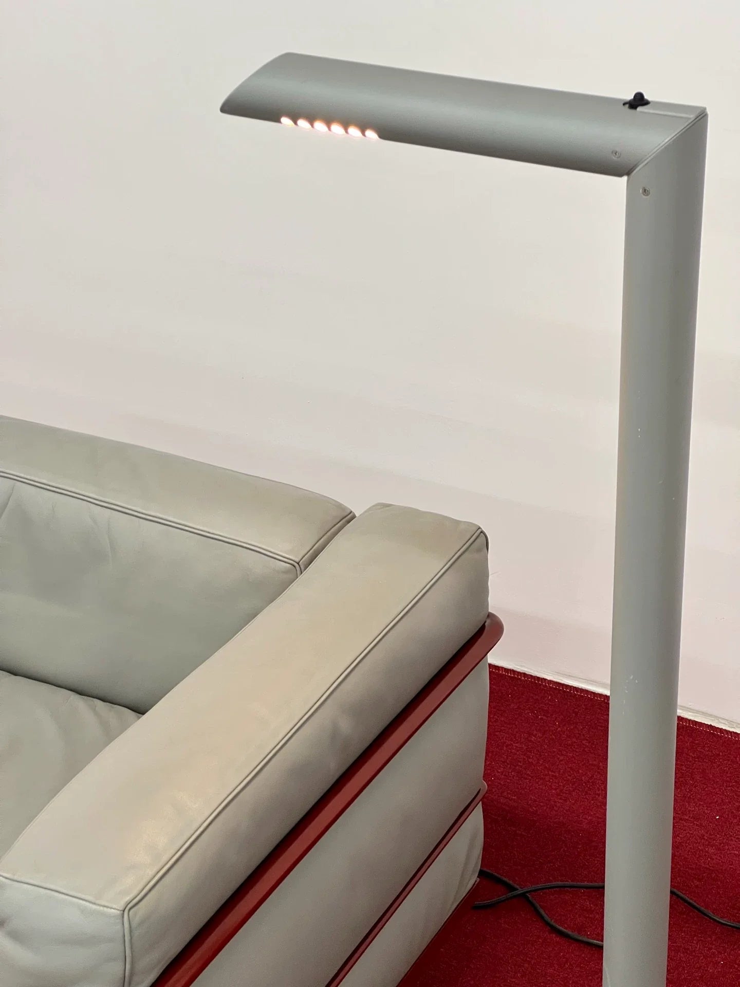 Vintage Italian Cassina LC3 Single Armchair Sofa, Gray Leather, Red Frame, Iconic Design