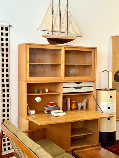 Vintage Swedish Børge Mogensen Oak Stacking Sideboard Cabinet with Integrated Desk & Lamp