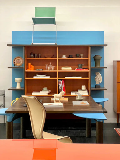 Vintage 1980s Italian Cassina Lom850 Corbusier Blue Library Desk Bookshelf Set
