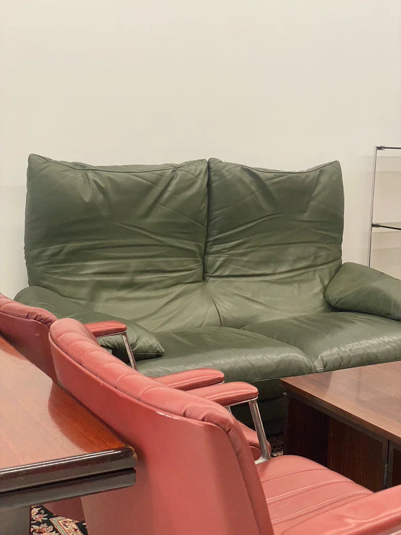 Vintage Italian Cassina Maralunga Olive Green Two-Seater Sofa