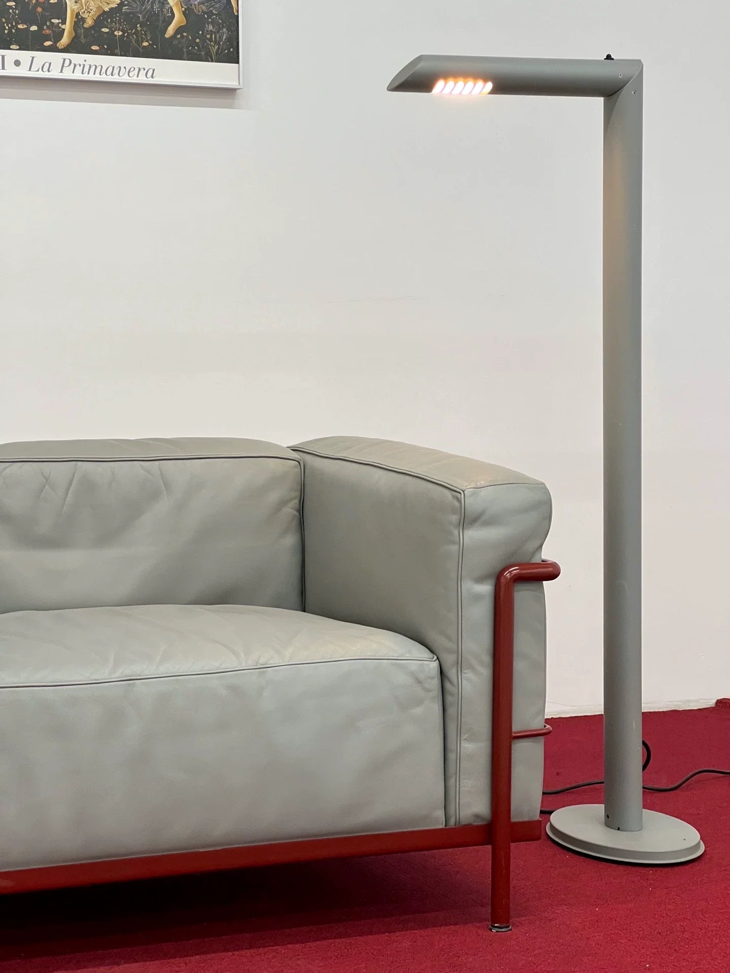 Vintage Italian Cassina LC3 Single Armchair Sofa, Gray Leather, Red Frame, Iconic Design