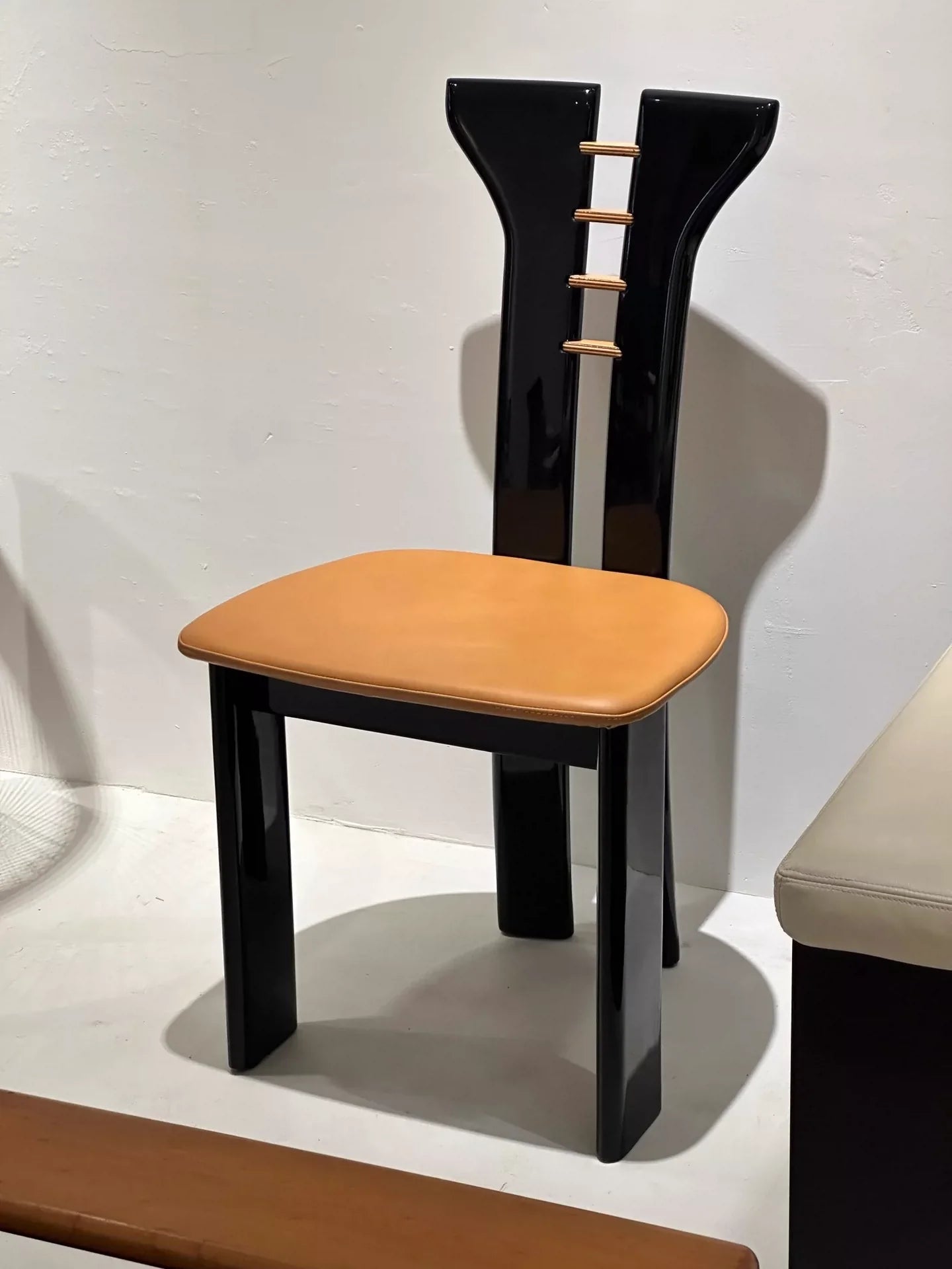 Vintage Pierre Cardin Dining Chair - Sculptural Black Walnut, Khaki Leather