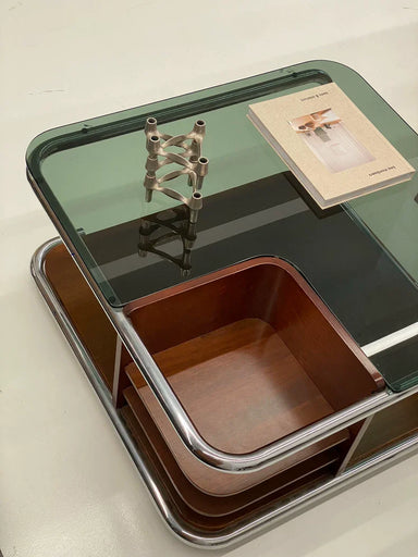 Vintage Italian 1980s Space Age Walnut Coffee Table, Smoky Green Glass Top