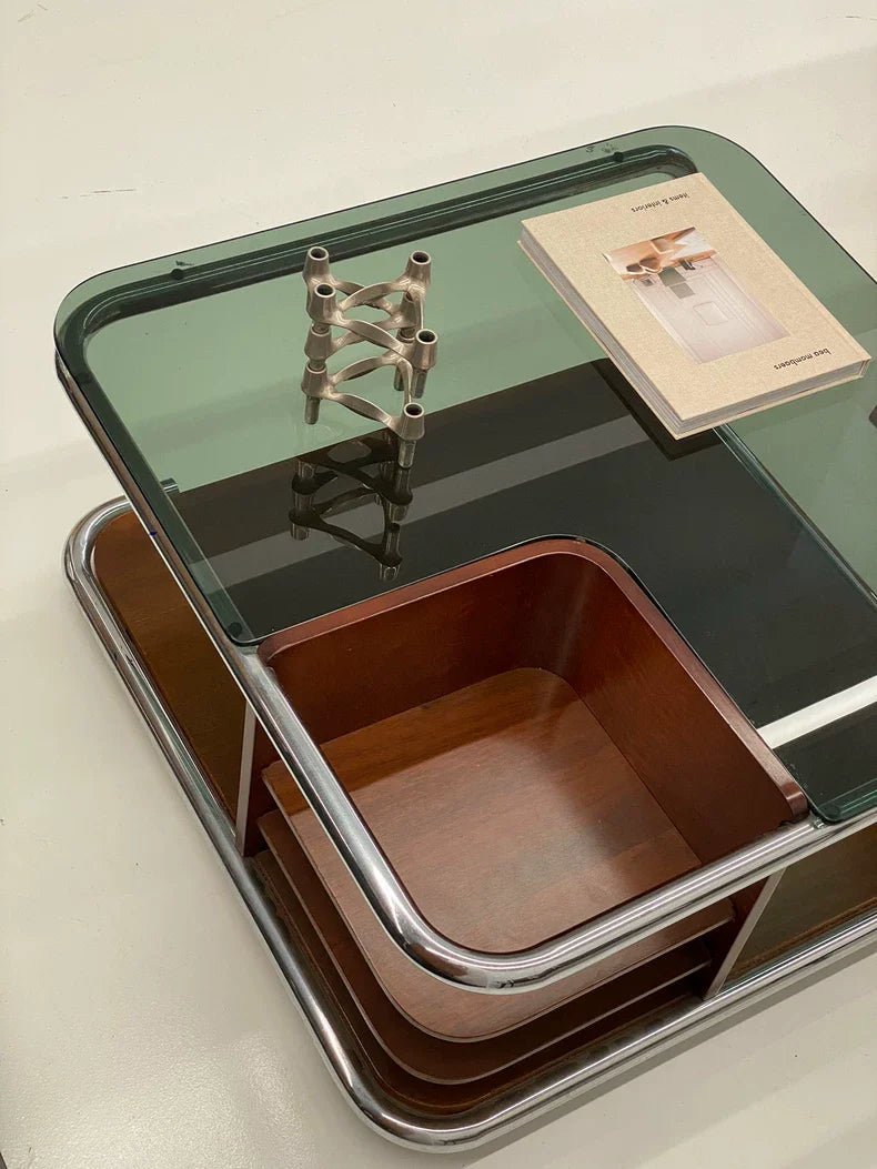 Vintage Italian 1980s Space Age Walnut Coffee Table, Smoky Green Glass Top