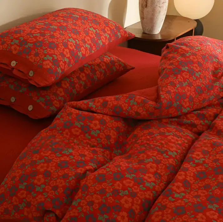 Alouette Retro Red Jacquard Bedding Set – Soft Cotton Comfort