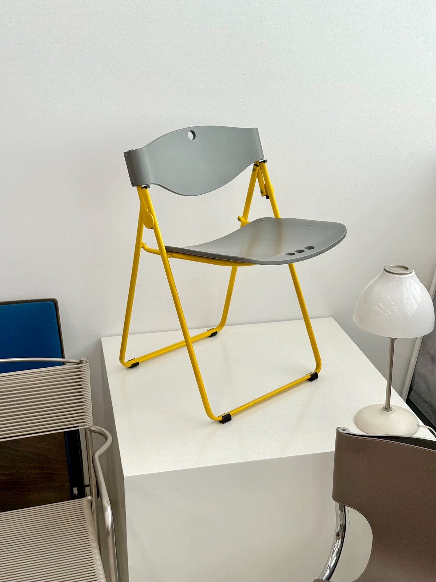 Vintage Italian LENA Folding Chair: Concrete Grey & Lemon Yellow Accent