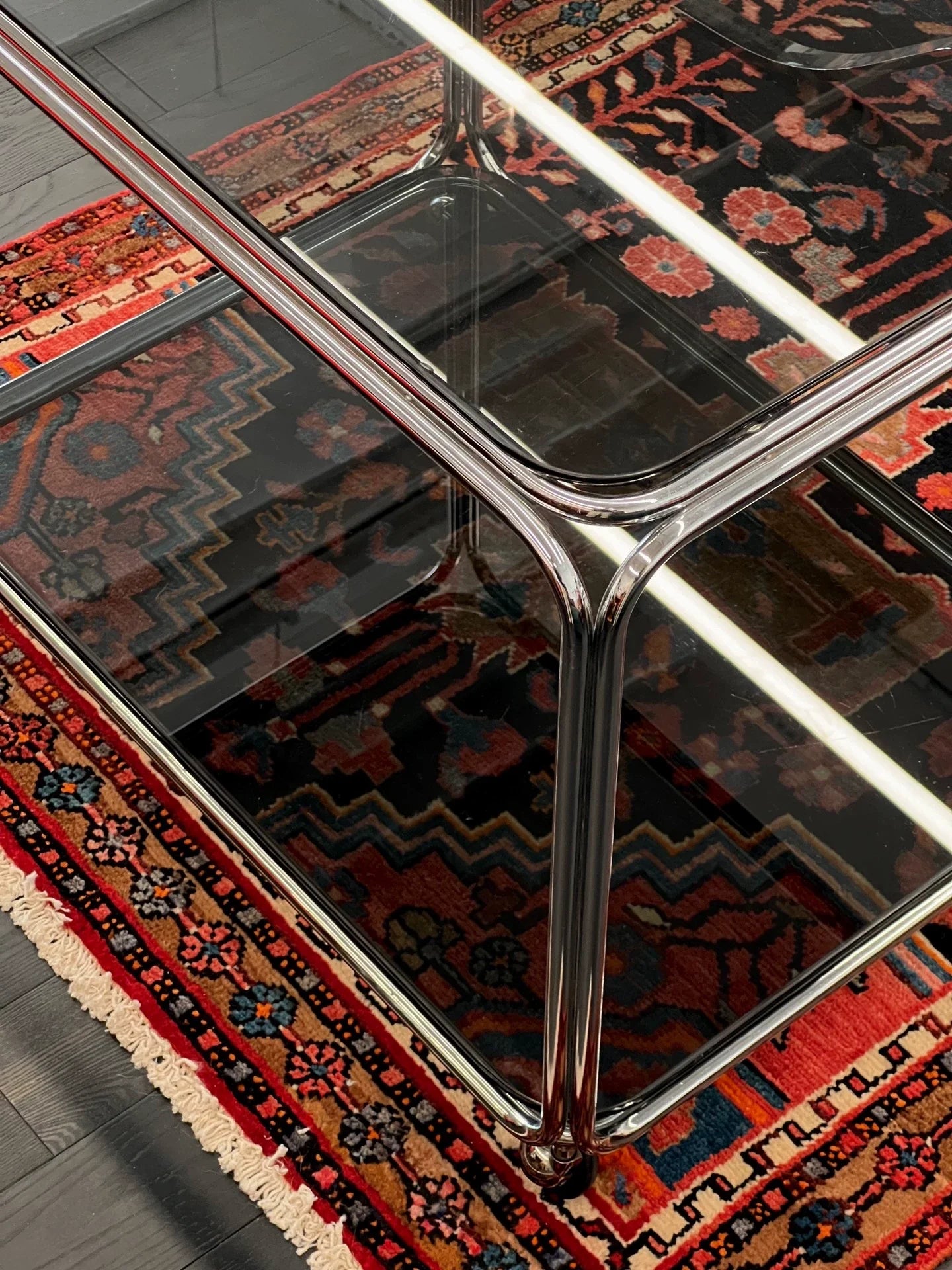 Vintage Italian 1970s Space Age Smoked Glass Rolling Bar Cart Side Table