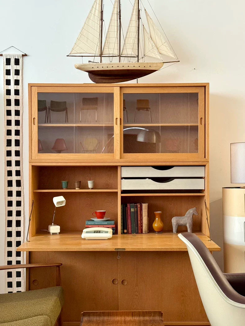 Vintage Swedish Børge Mogensen Oak Stacking Sideboard Cabinet with Integrated Desk & Lamp