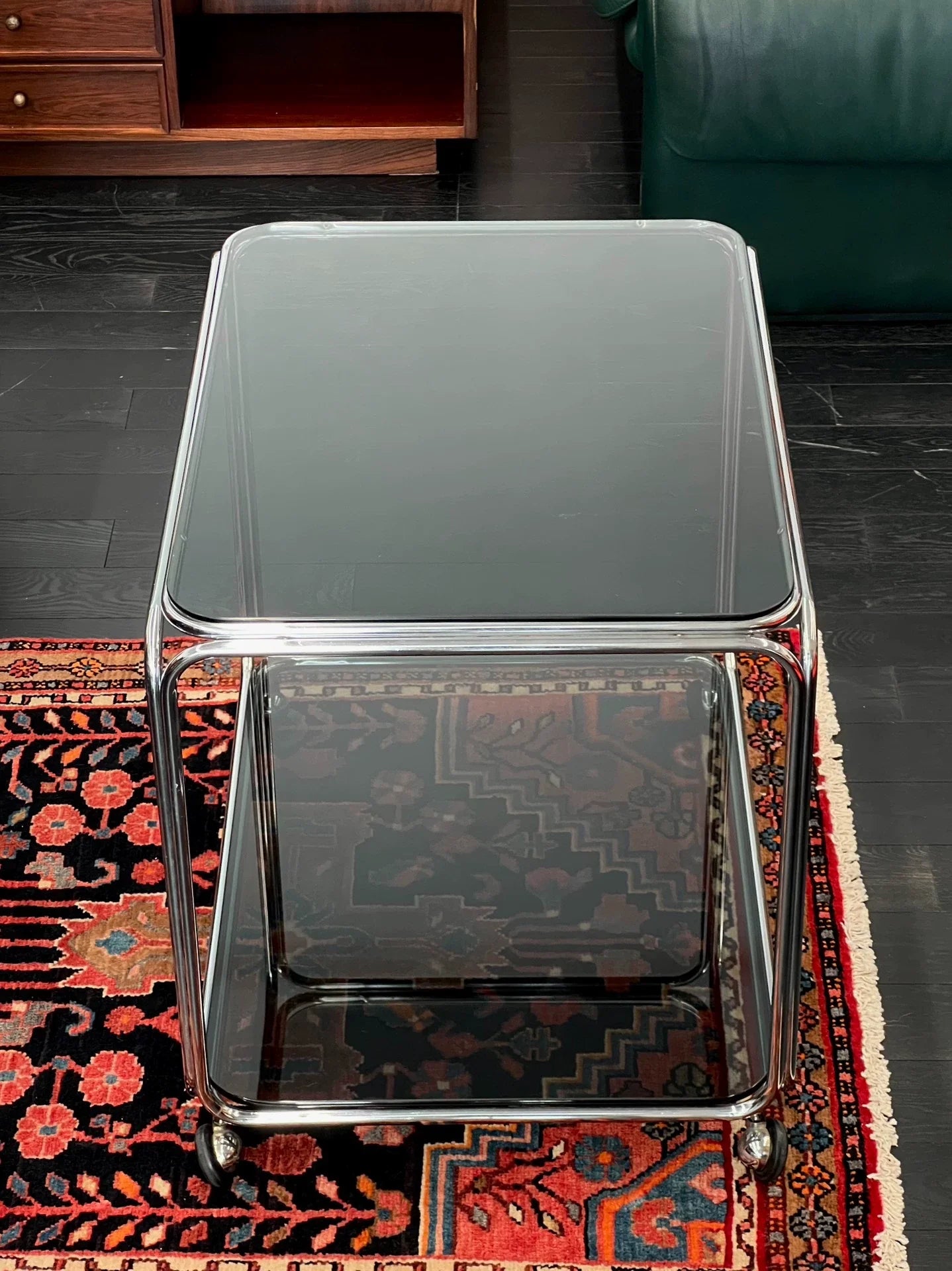 Vintage Italian 1970s Space Age Smoked Glass Rolling Bar Cart Side Table