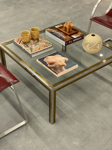 Vintage 1970s Italian Art Deco Brass Glass Coffee Table