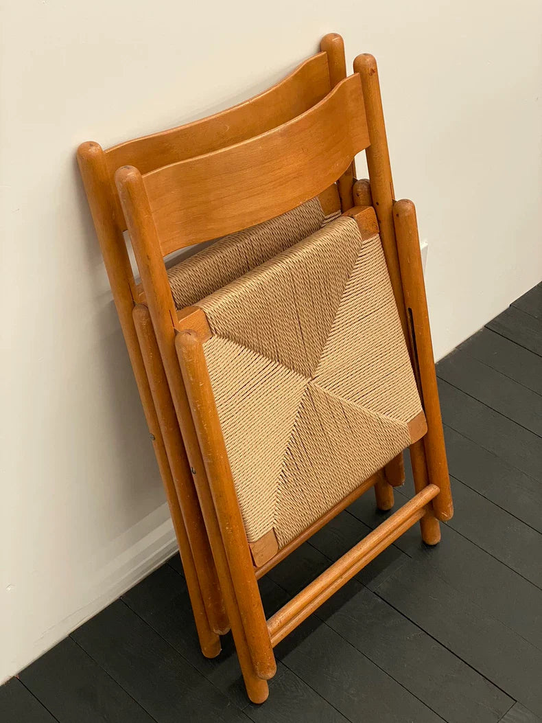 Vintage 1980s French Beech Wood Folding Chair with Rope Weave