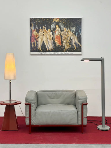 Vintage Italian Cassina LC3 Single Armchair Sofa, Gray Leather, Red Frame, Iconic Design