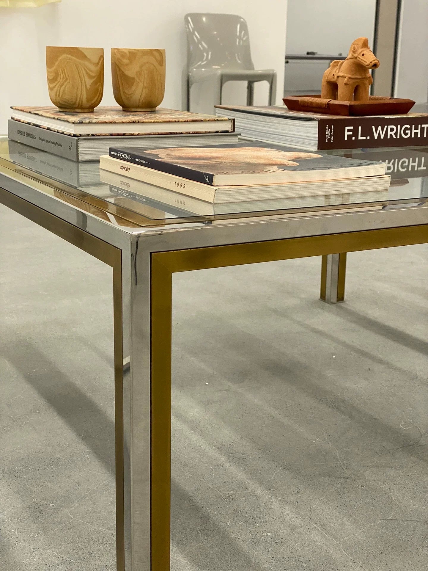 Vintage 1970s Italian Art Deco Brass Glass Coffee Table