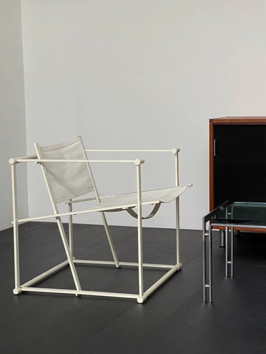 Radboud van Beekum FM61 Armchair: White Fabric, Sleek Metal Frame