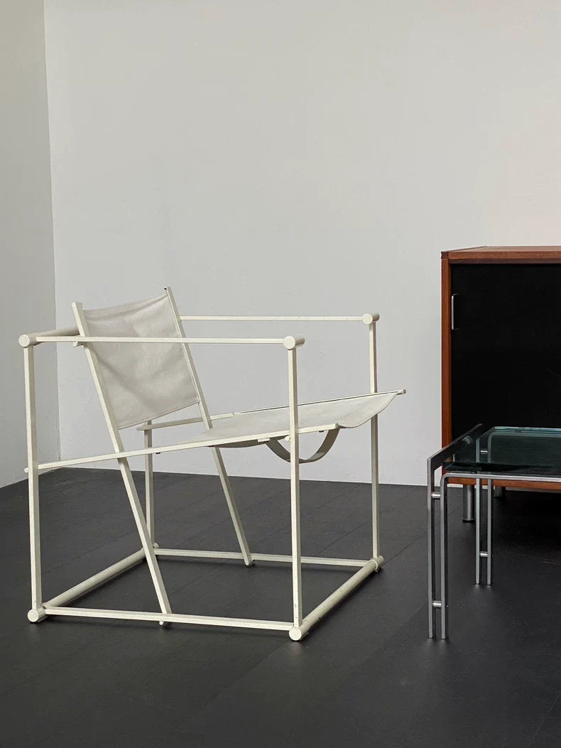 Radboud van Beekum FM61 Armchair: White Fabric, Sleek Metal Frame