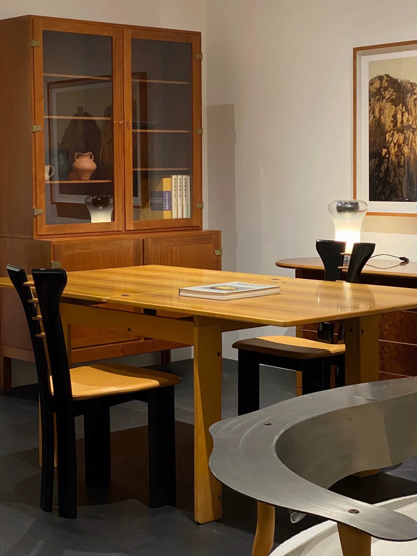 Vintage Pierre Cardin Dining Chair - Sculptural Black Walnut, Khaki Leather