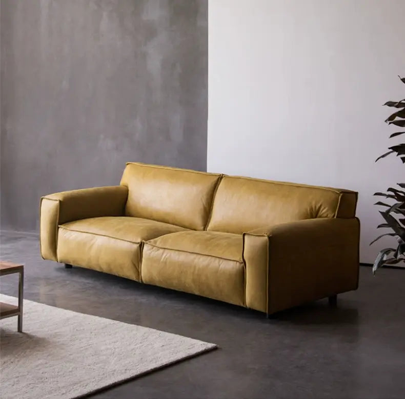 Margherita Full Leather Retro Mustard Yellow Sofa