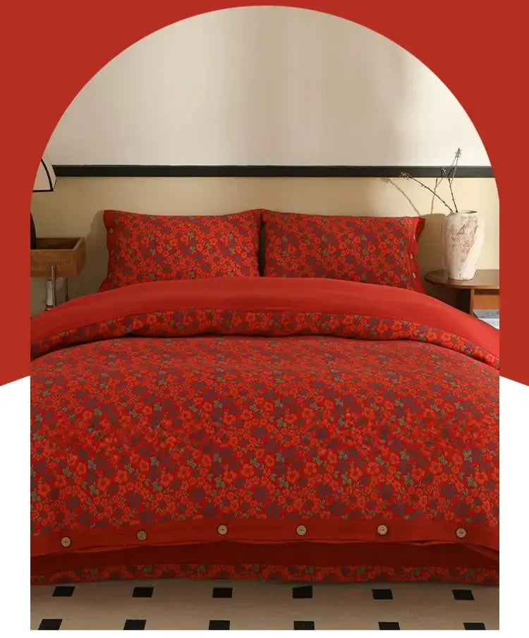 Alouette Retro Red Jacquard Bedding Set – Soft Cotton Comfort