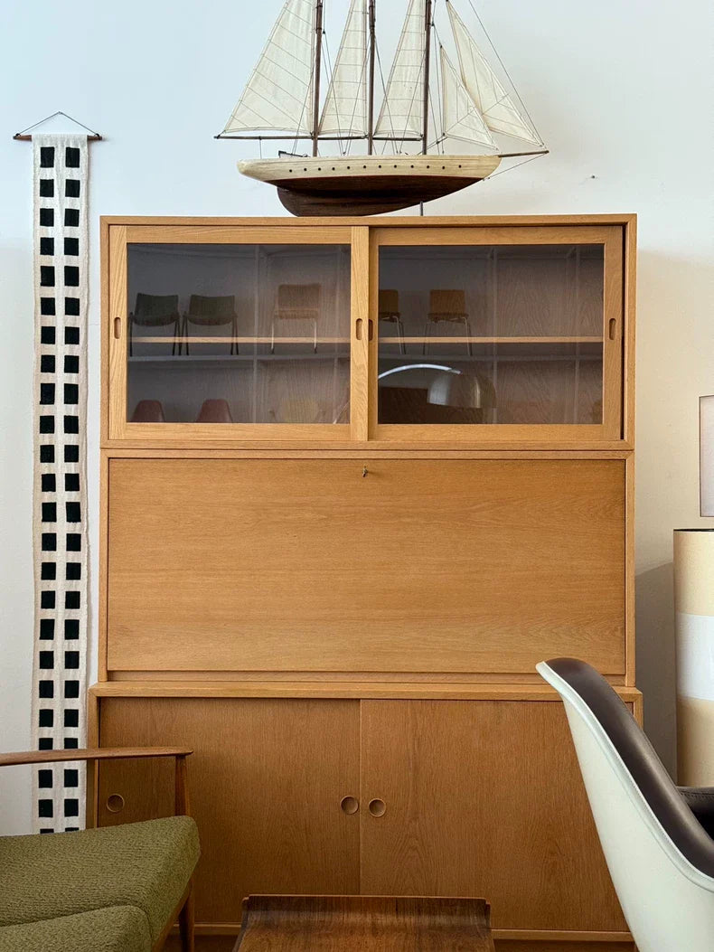Vintage 1950s Oak Brass Foldable Desk Bookcase by Børge Mogensen
