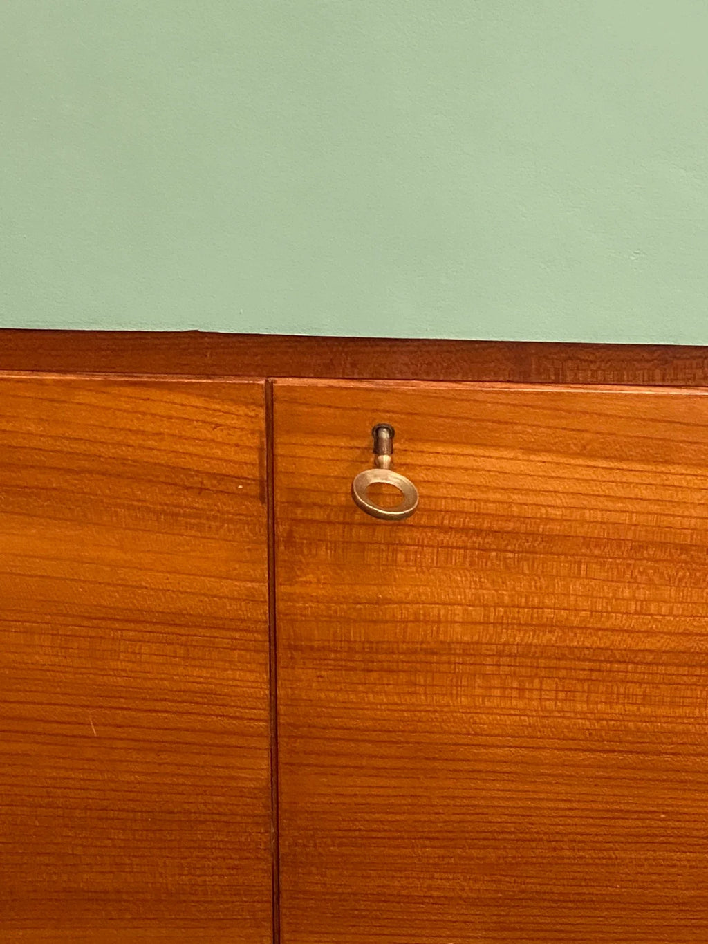 Vintage Italian 1970s Teak Mint Green Metal Trim Sideboard Cabinet
