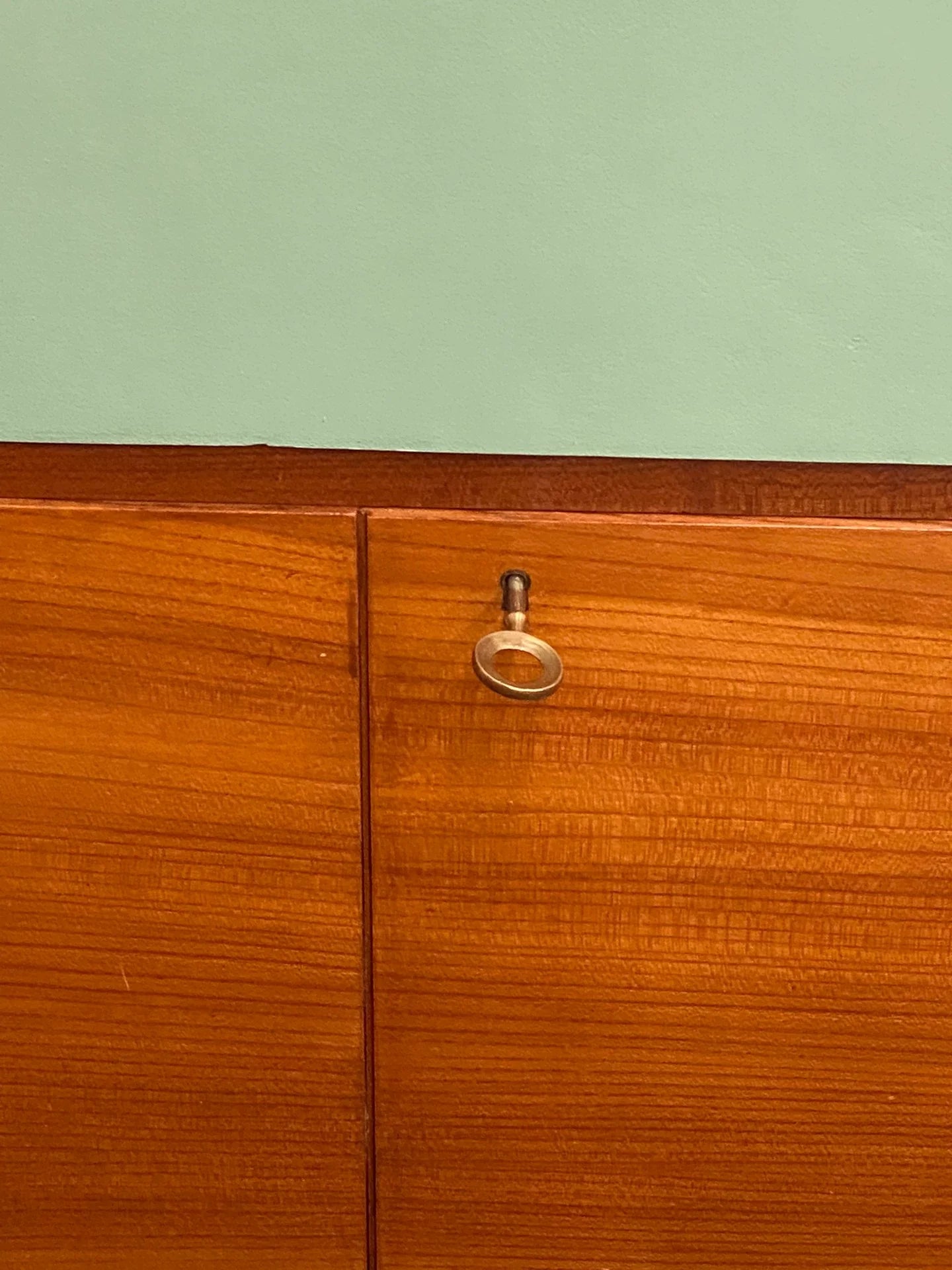 Vintage Italian 1970s Teak Mint Green Metal Trim Sideboard Cabinet