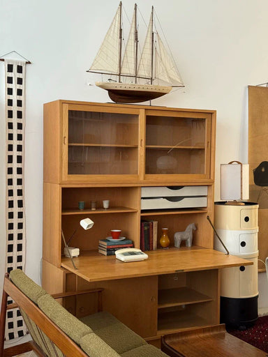 Vintage 1950s Oak Brass Foldable Desk Bookcase by Børge Mogensen