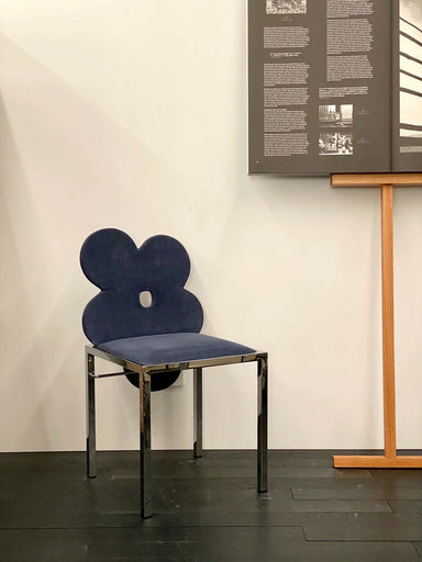 Vintage Italian Design Midnight Blue Flower Dining Chair Chrome Base