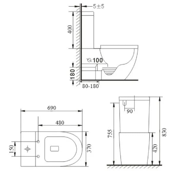 690*370*830mm Bathroom Rimless Back To Wall White Ceramic Toilet Suite