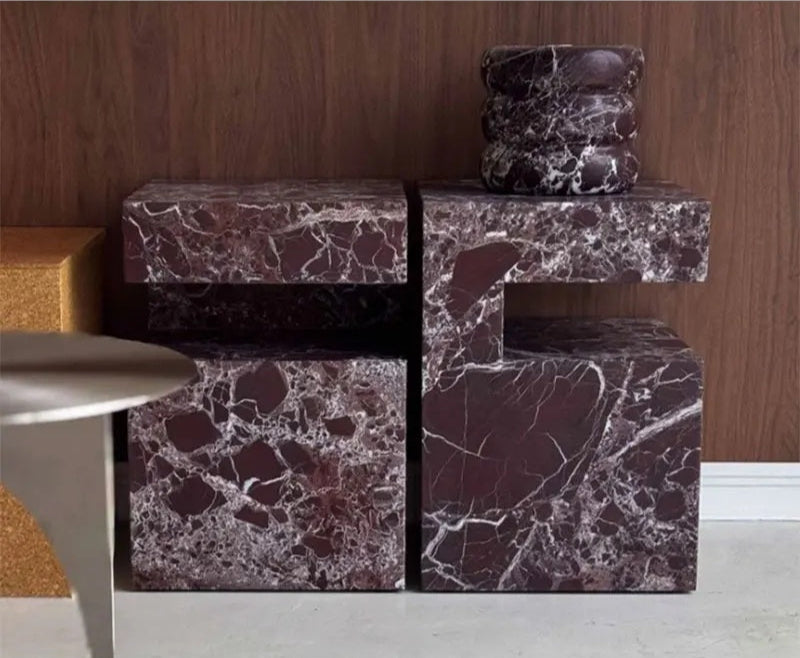 Elegant Luxurious Crimson Marble Rich Veined Side Table