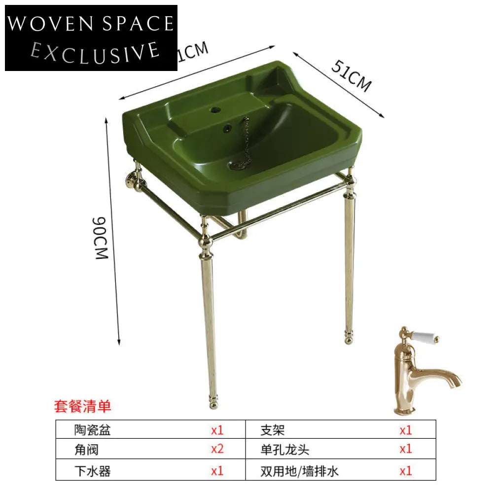 Alessio Grass Green Brass Floor-Standing Wash Basin Retro Copper Bracket Single hole gold set