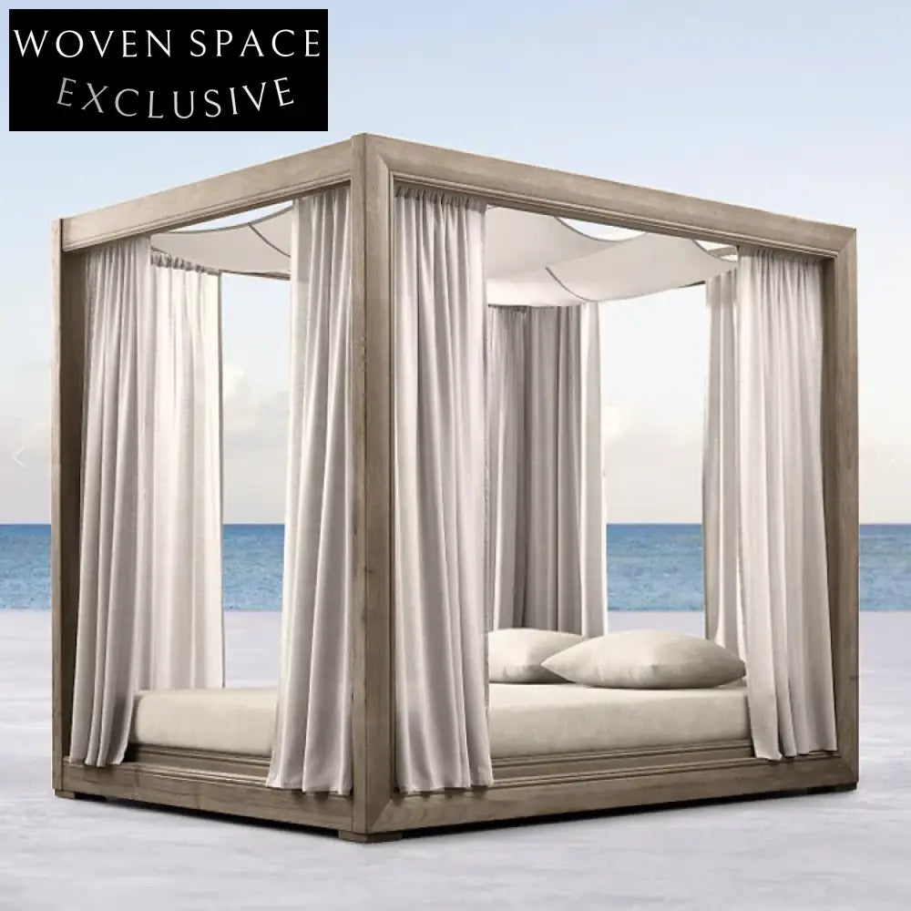 All-Weather Teak Wood Outdoor Daybed with Canopy for Garden Lounger