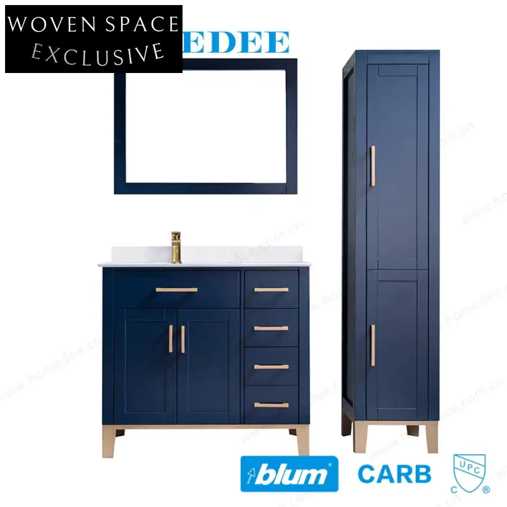 Antique Blue Solid Wood Single Sink Bathroom Vanity with Carrara White Top