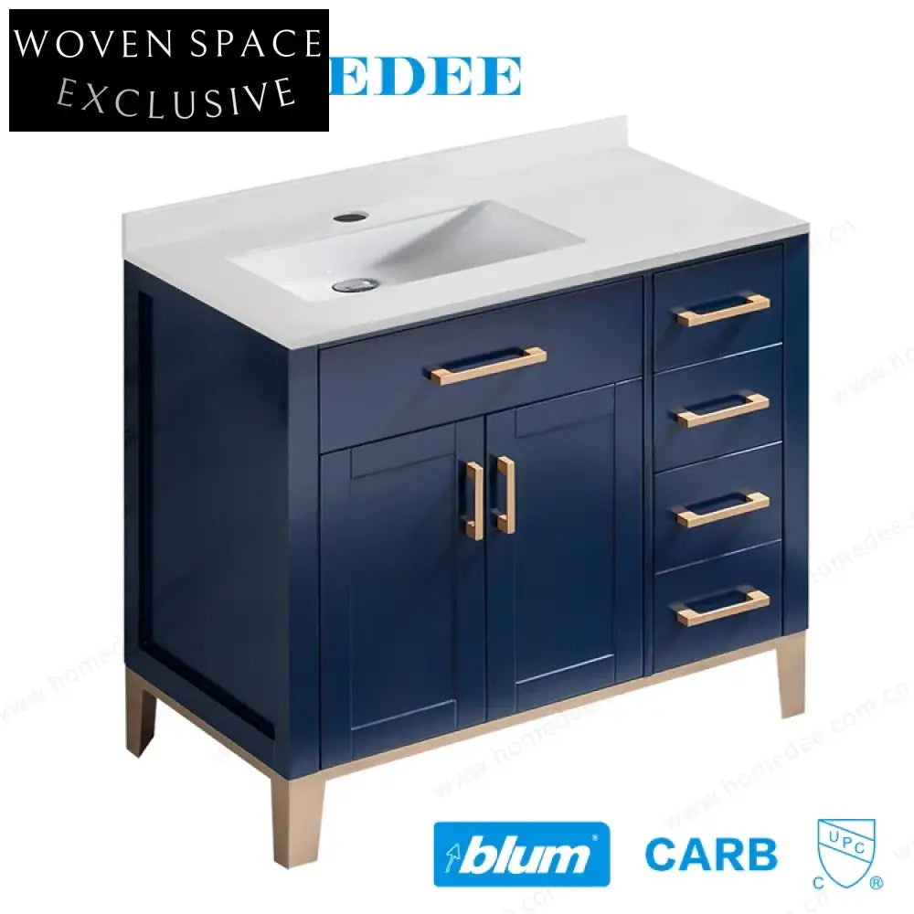 Antique Blue Solid Wood Single Sink Bathroom Vanity with Carrara White Top