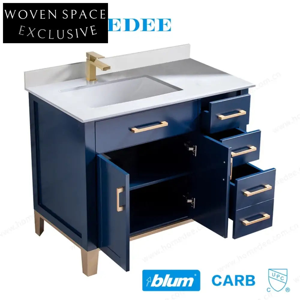 Antique Blue Solid Wood Single Sink Bathroom Vanity with Carrara White Top