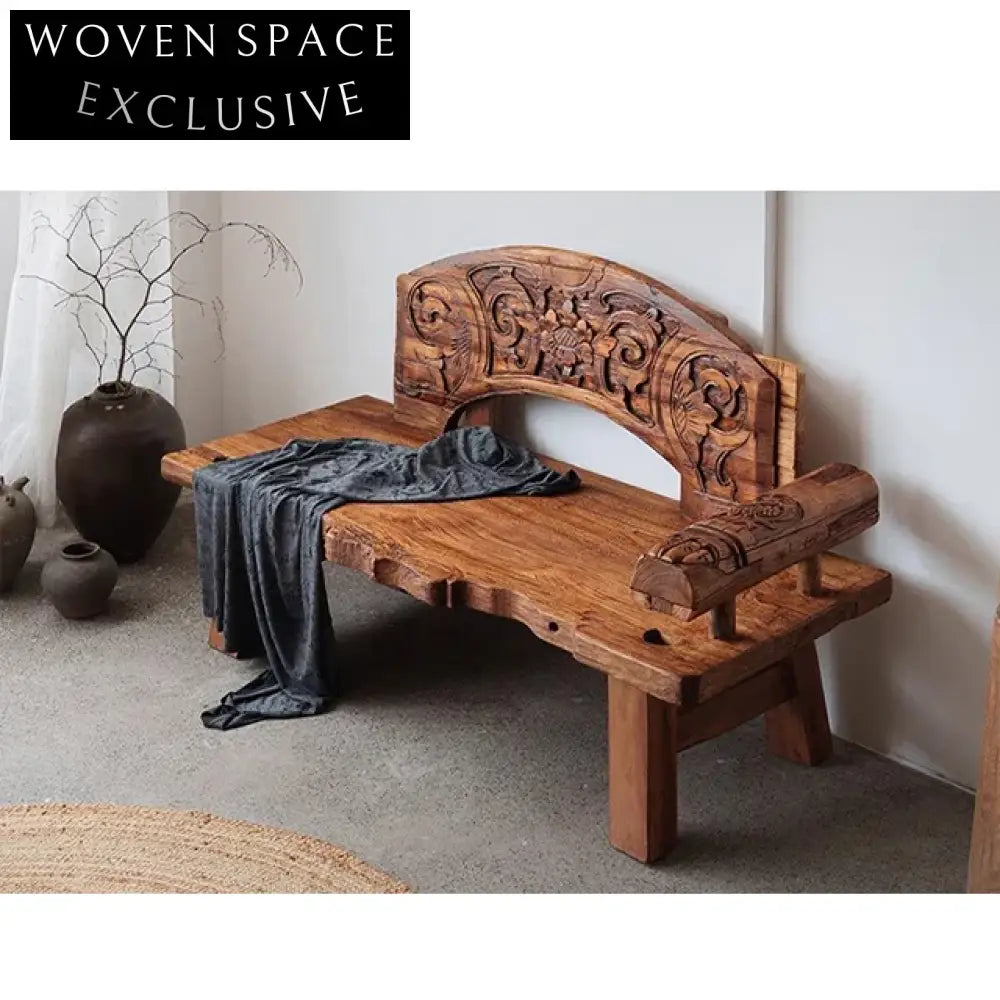 Antique Hand Carved Wabi Sabi Solid Wood Living Room Bench