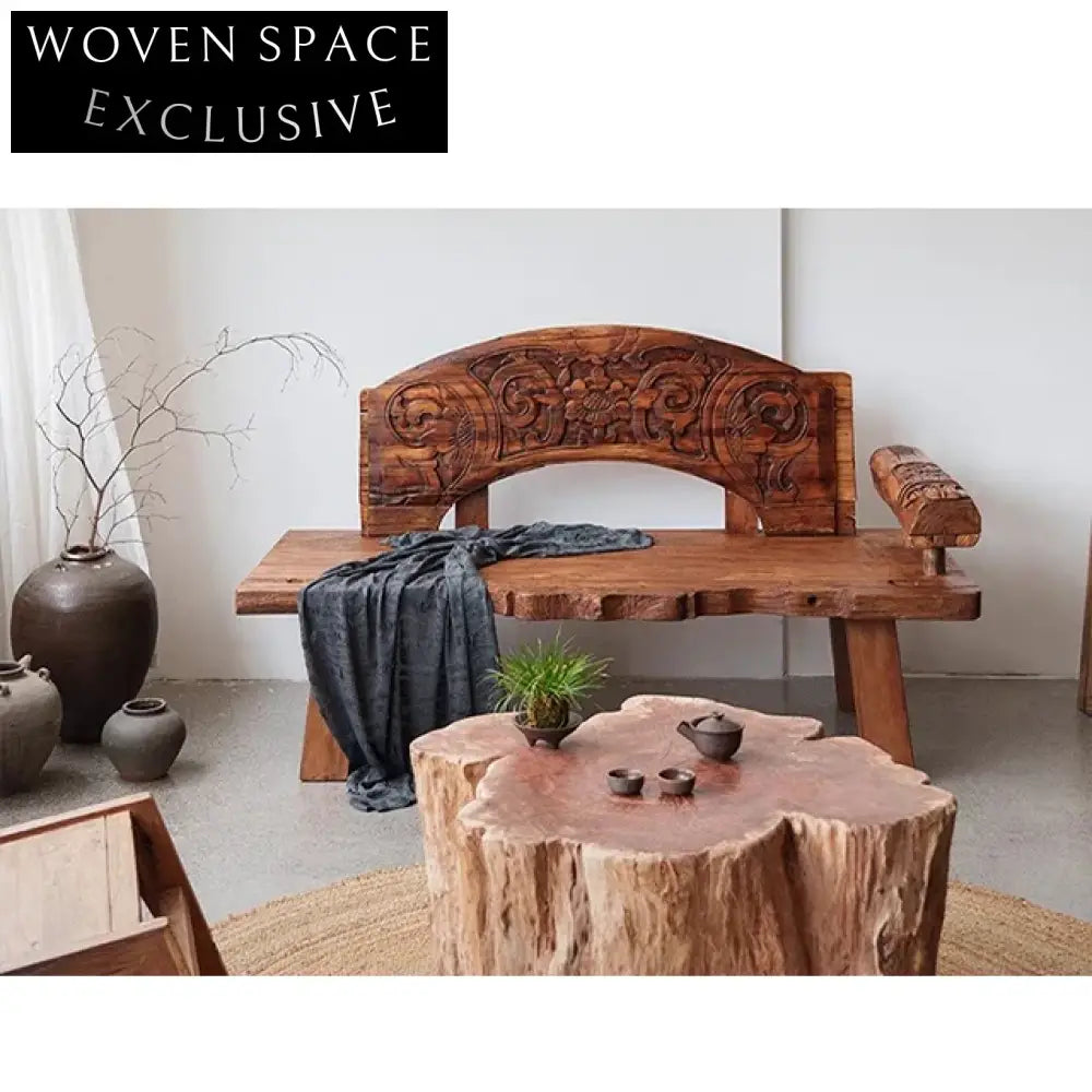 Antique Hand Carved Wabi Sabi Solid Wood Living Room Bench