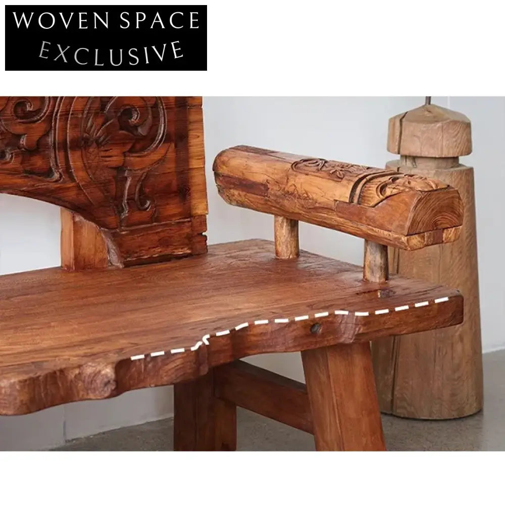 Antique Hand Carved Wabi Sabi Solid Wood Living Room Bench