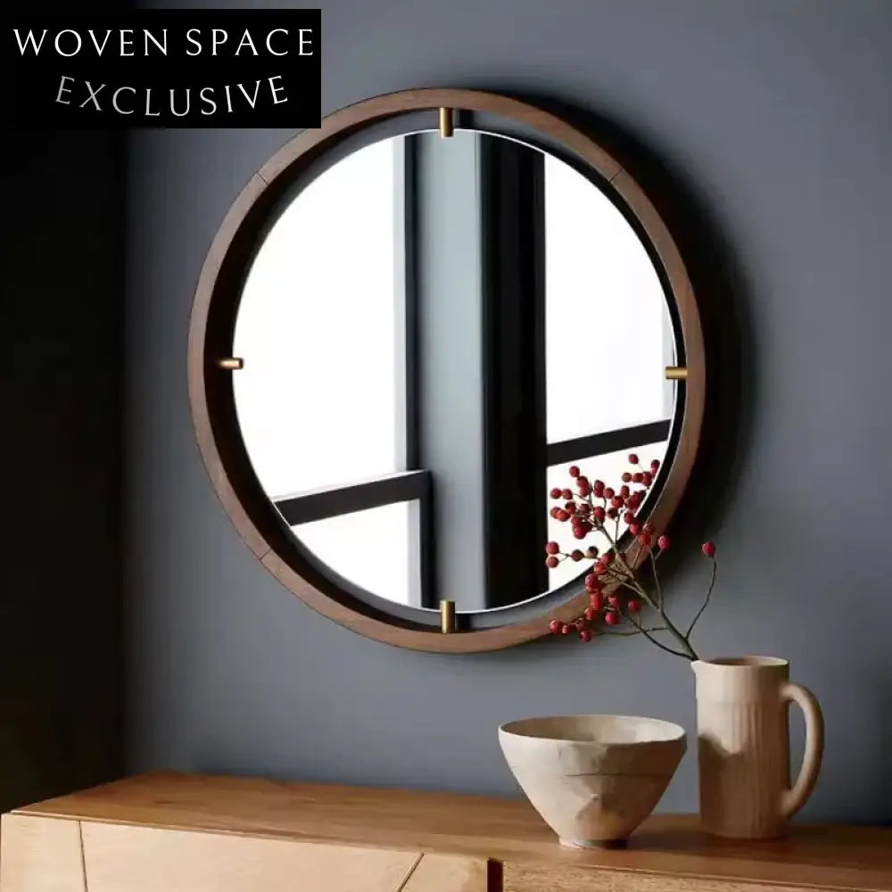 Antique Round Wall Mirror Walnut Wood Frame Home Decor