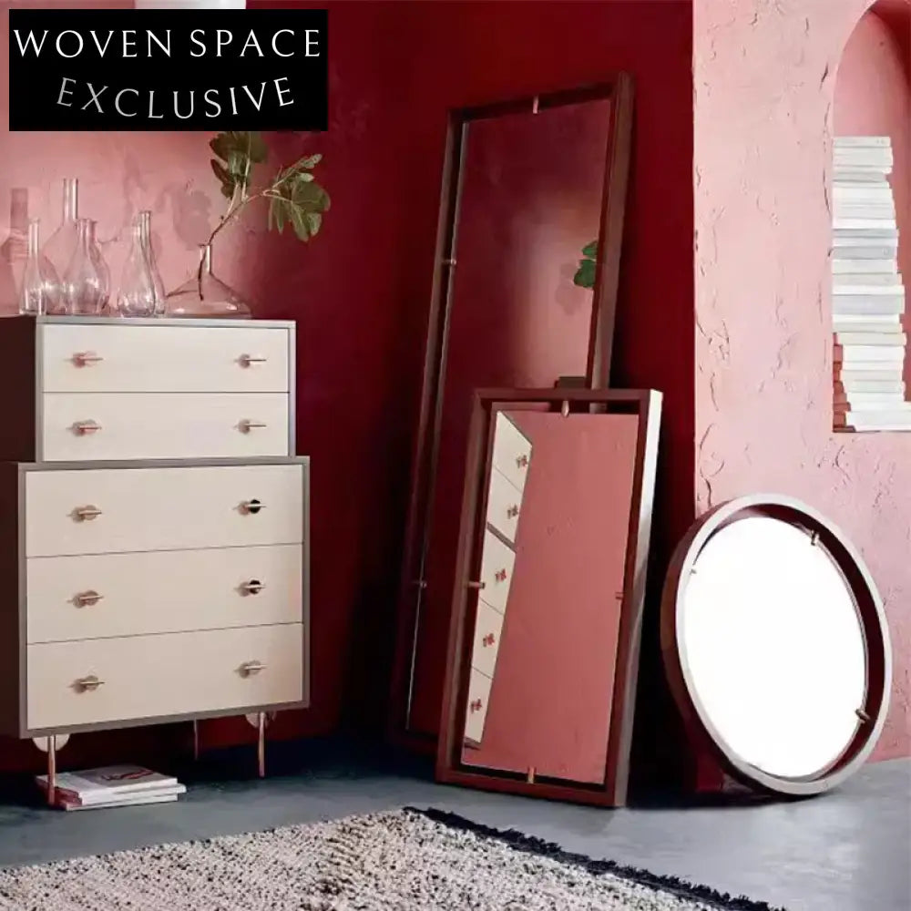 Antique Round Wall Mirror Walnut Wood Frame Home Decor