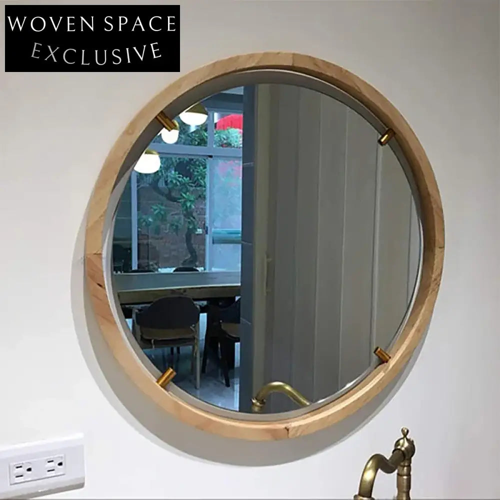 Antique Round Wall Mirror Walnut Wood Frame Home Decor