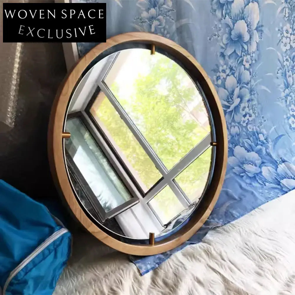 Antique Round Wall Mirror Walnut Wood Frame Home Decor