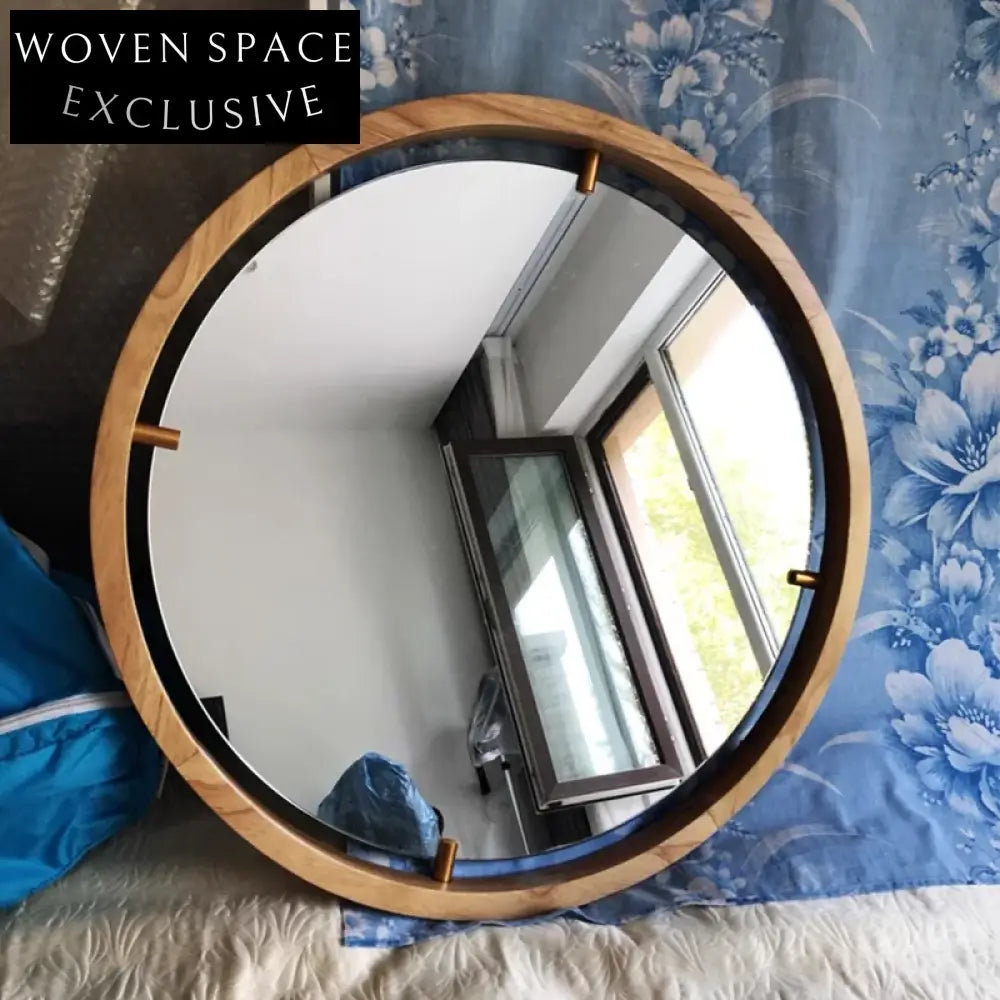 Antique Round Wall Mirror Walnut Wood Frame Home Decor