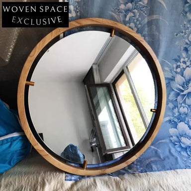 Antique Round Wall Mirror Walnut Wood Frame Home Decor