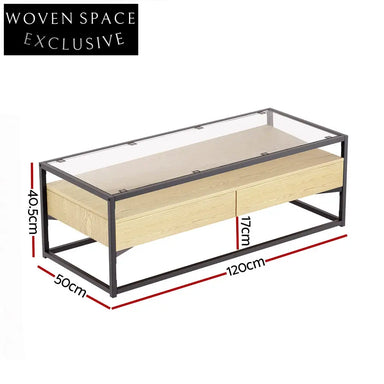 Artiss Coffee Table 2 Drawers Glass Tabletop Pine Coffee Tables